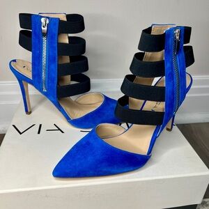 Via Spiga Damali Blue Black Zip Heel 7.5M